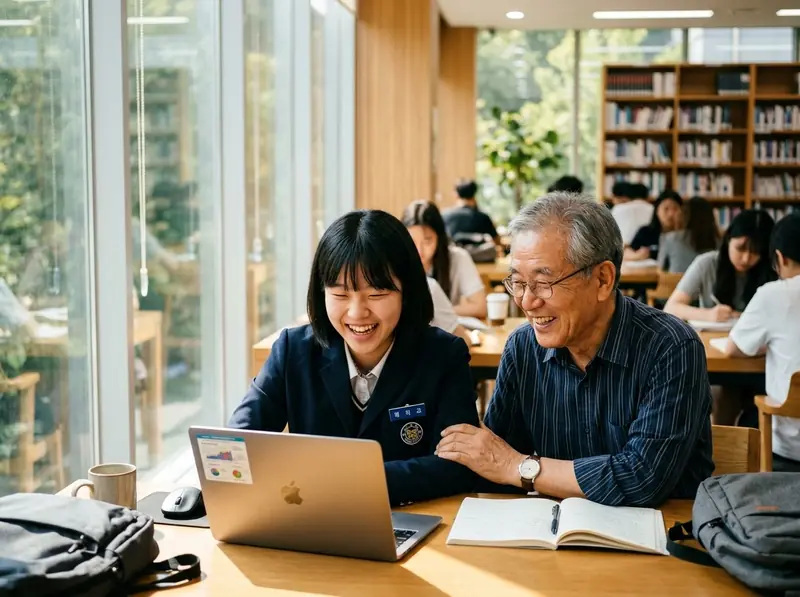 선배시민과 청소년이 노트북을 함께 보며 웃고 있는 모습